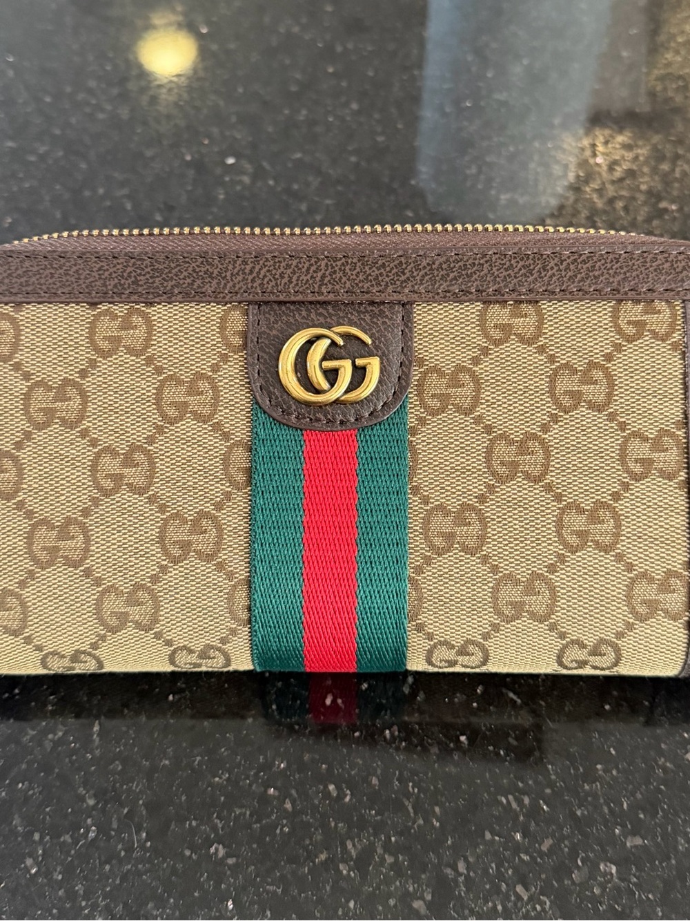 Gucci Brown GG Canvas Zip Wallet with Green-Red Web and Gold Double G